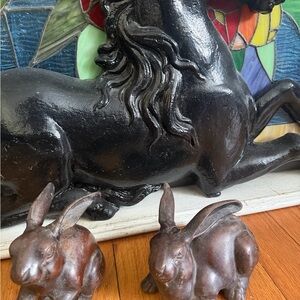 Vintage Japanese bronze over cast iron bunny rabbit statues